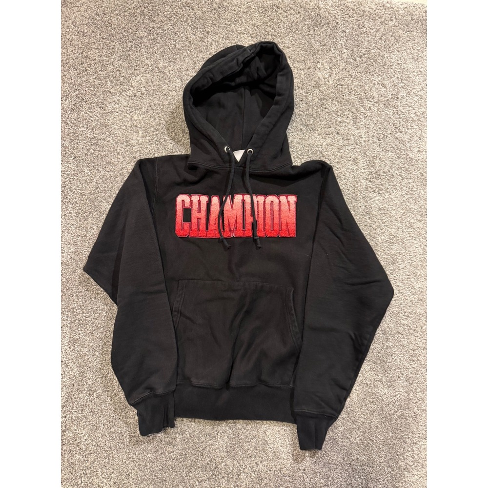 Champion Reverse Weave Hoodie Black‎ Red Logo Size Small Mens Athletic Warm